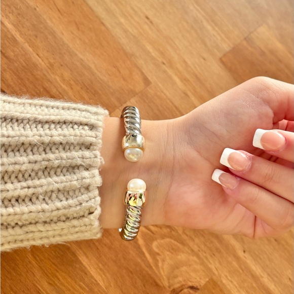 Jewelry - Elegant Silver and Gold Bracelet with Pearl Accents